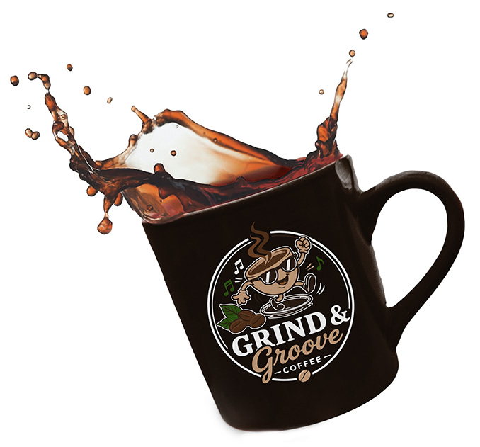 grind and groove coffee logo on a cup of coffee